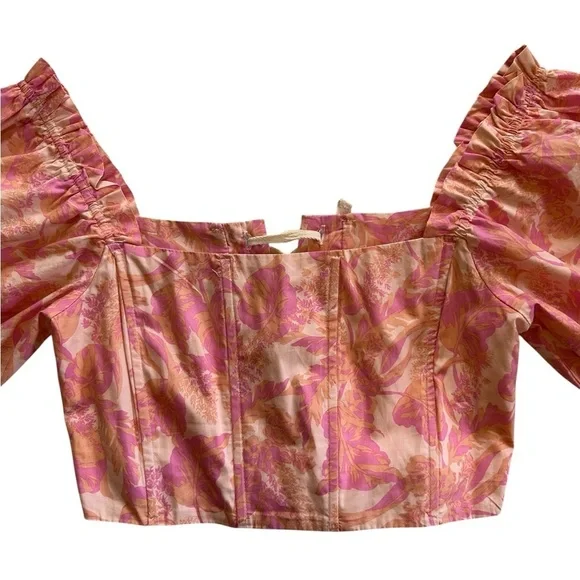 Karlie Floral Poplin Puff Sleeve Tie Back Corset Off Shoulder Crop Top Size L - Picture 6 of 11